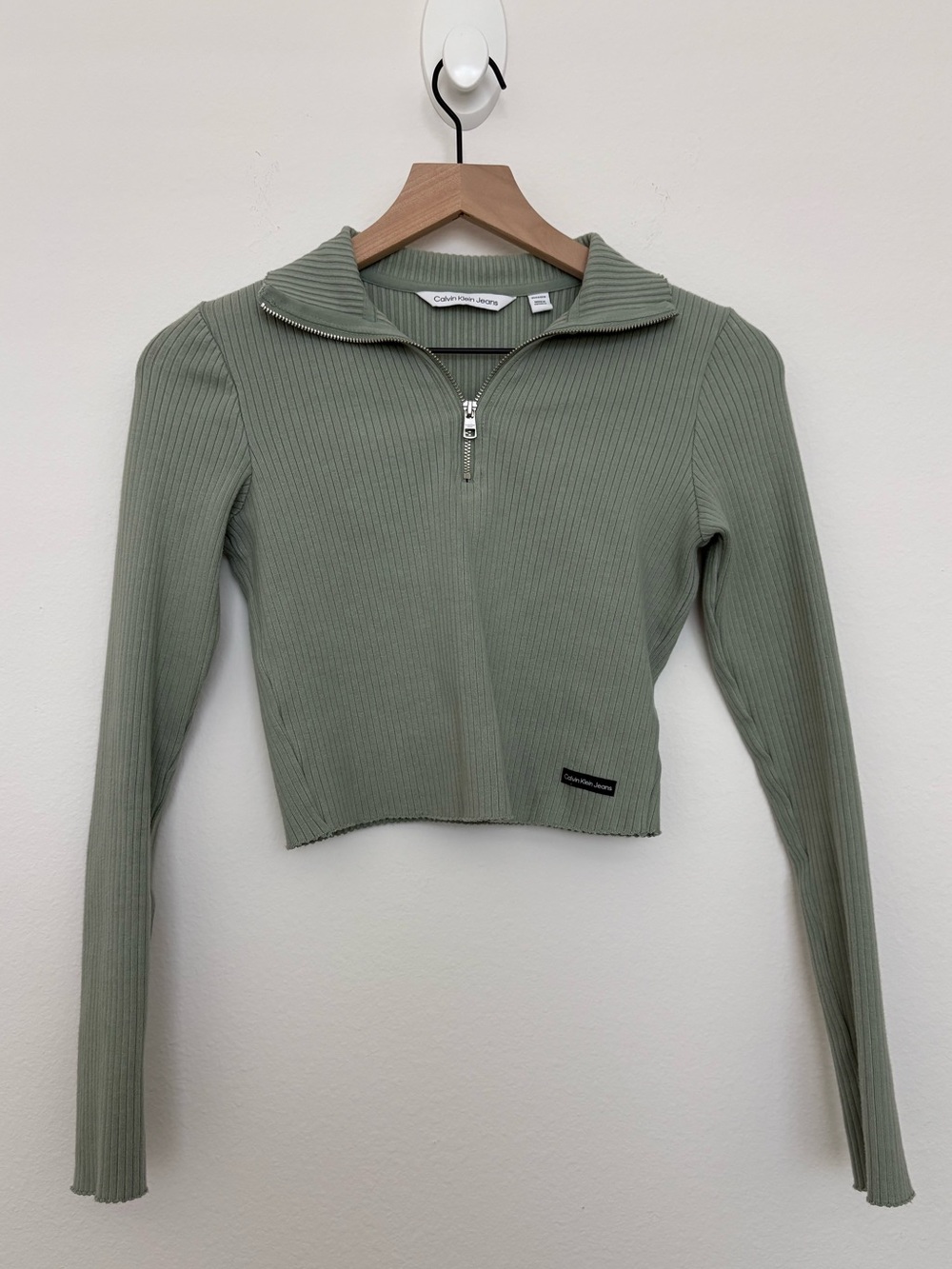 Calvin Klein Sage Green Ribbed Quarter-Zip Cropped Long Sleeve Top